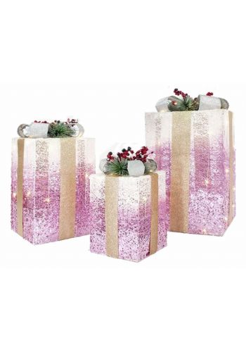 Χριστουγεννιάτικα Υφασμάτινα Κουτιά Δώρου Ροζ με LED - Σετ 3 Τεμ. (38cm)