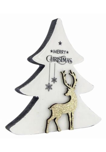 Χριστουγεννιάτικo Διακοσμητικό Ξύλινη Δεντράκι Λευκό με Τάρανδο (18cm) - 1 Τεμάχιο