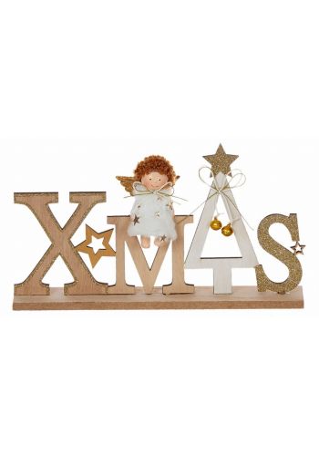 Χριστουγεννιάτικο Ξύλινο Διακοσμητικό "XMAS" με Αγγελακι και Δεντράκι Καφέ (27cm)