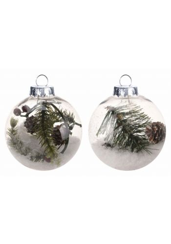 Χριστουγεννιάτικη Μπάλα, Διάφανη, με Χιόνι και Δέντρο - 2 Σχέδια (8cm)