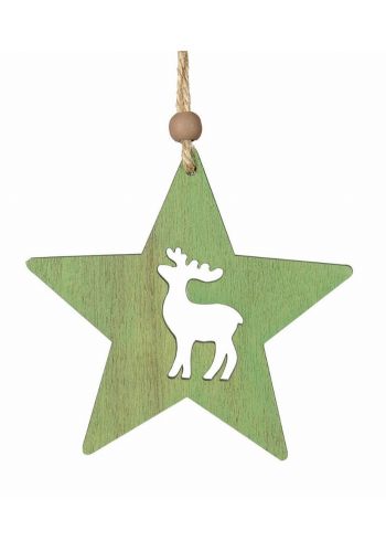 Χριστουγεννιάτικο Ξύλινο Αστεράκι Πράσινο με Τάρανδο (10cm) - 1 Τεμάχιο