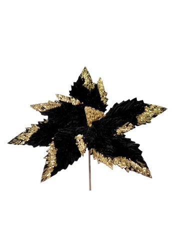 Χριστουγεννιάτικο Λουλούδι Μαύρο με Χρυσό Στρας Αλεξανδρινό (35cm)