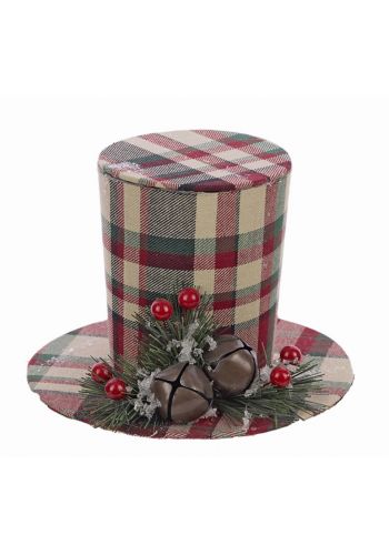 Χριστουγεννιάτικο Διακοσμητικό Υφασμάτινο Καπέλο, Κόκκινο Καρό με Γκι (12cm) - 1 Τεμάχιο