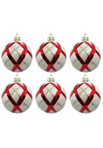 Χριστουγεννιάτικες Μπάλες Γυάλινες Λευκές με Κόκκινες Λωρίδες - Σετ 6 τεμ. (10cm)