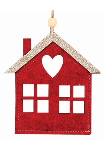 Χριστουγεννιάτικο Κρεμαστό Σπιτάκι Κόκκινο με Χρυσή Στέγη και Καρδιά (12cm)