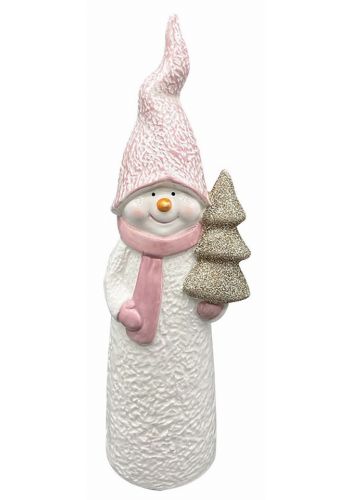 Χριστουγεννιάτικος Διακοσμητικός Χιονάνθρωπος Λευκός με Ροζ Σκούφο (27cm)
