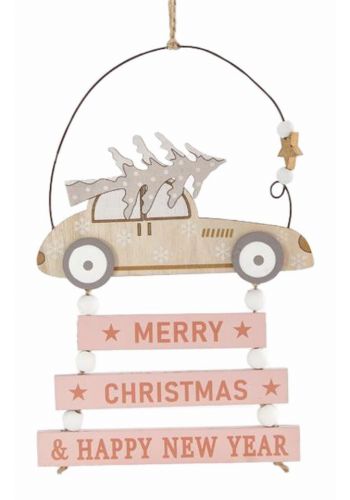 Χριστουγεννιάτικο Ξύλινο Κρεμαστό Αυτοκινητάκι με Ροζ Επιγραφή (22cm) - 1 Τεμάχιο