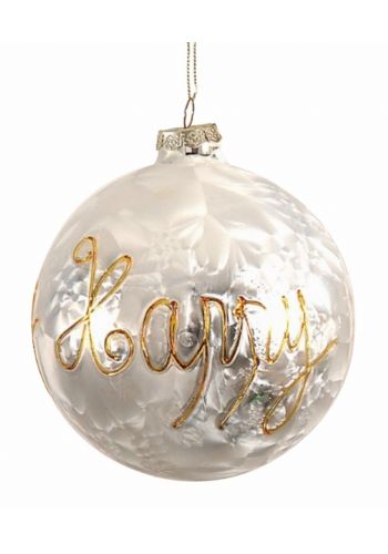 Χριστουγεννιάτικη Μπάλα Γυάλινη Λευκή με Χρυσά Γράμματα (8cm)