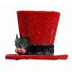 Χριστουγεννιάτικο Καπέλο Χιονισμένο Τσόχα, Κόκκινο με Μαύρη Κορδέλα και Γκι (10cm)